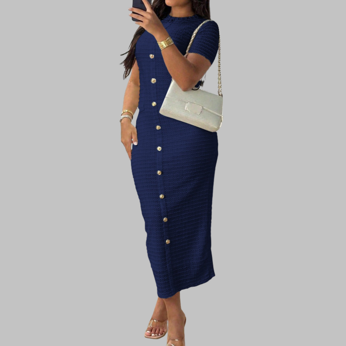 Classic Crew Neck Faux Button Dress