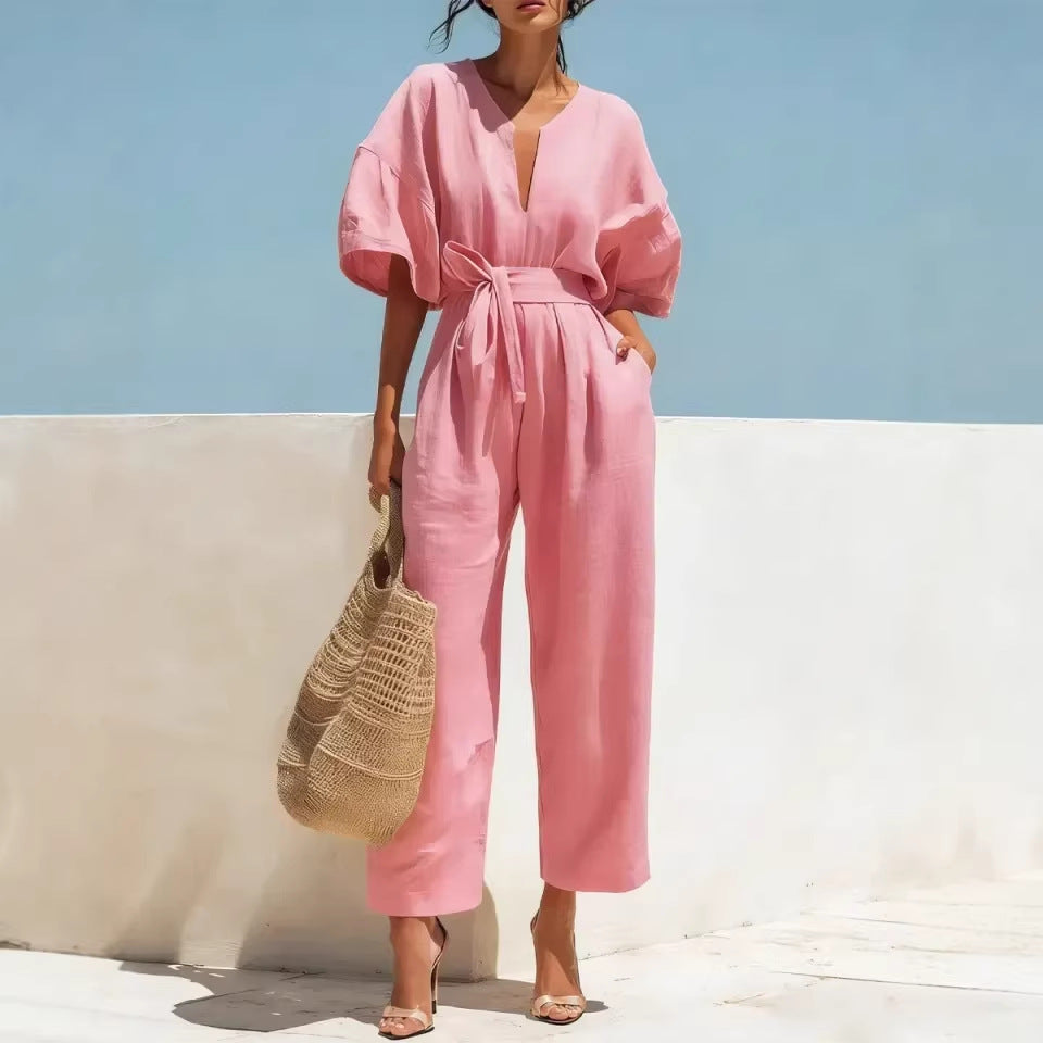 Women's Classic V-Neck Solid Color Jumpsuit