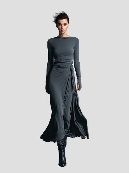 Elegant Flowy Long Sleeve Midi Dress - OutfitLondon