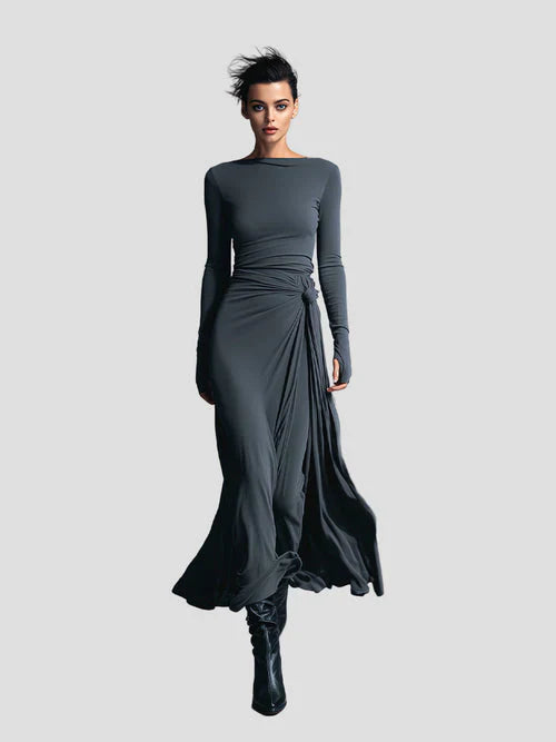 Elegant Flowy Long Sleeve Midi Dress - OutfitLondon