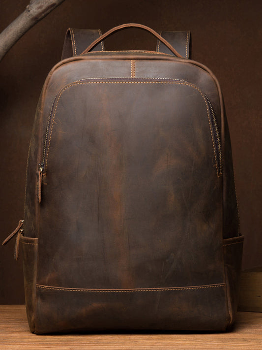 Men's Classic Leather Travel Backpack with Multiple Compartments