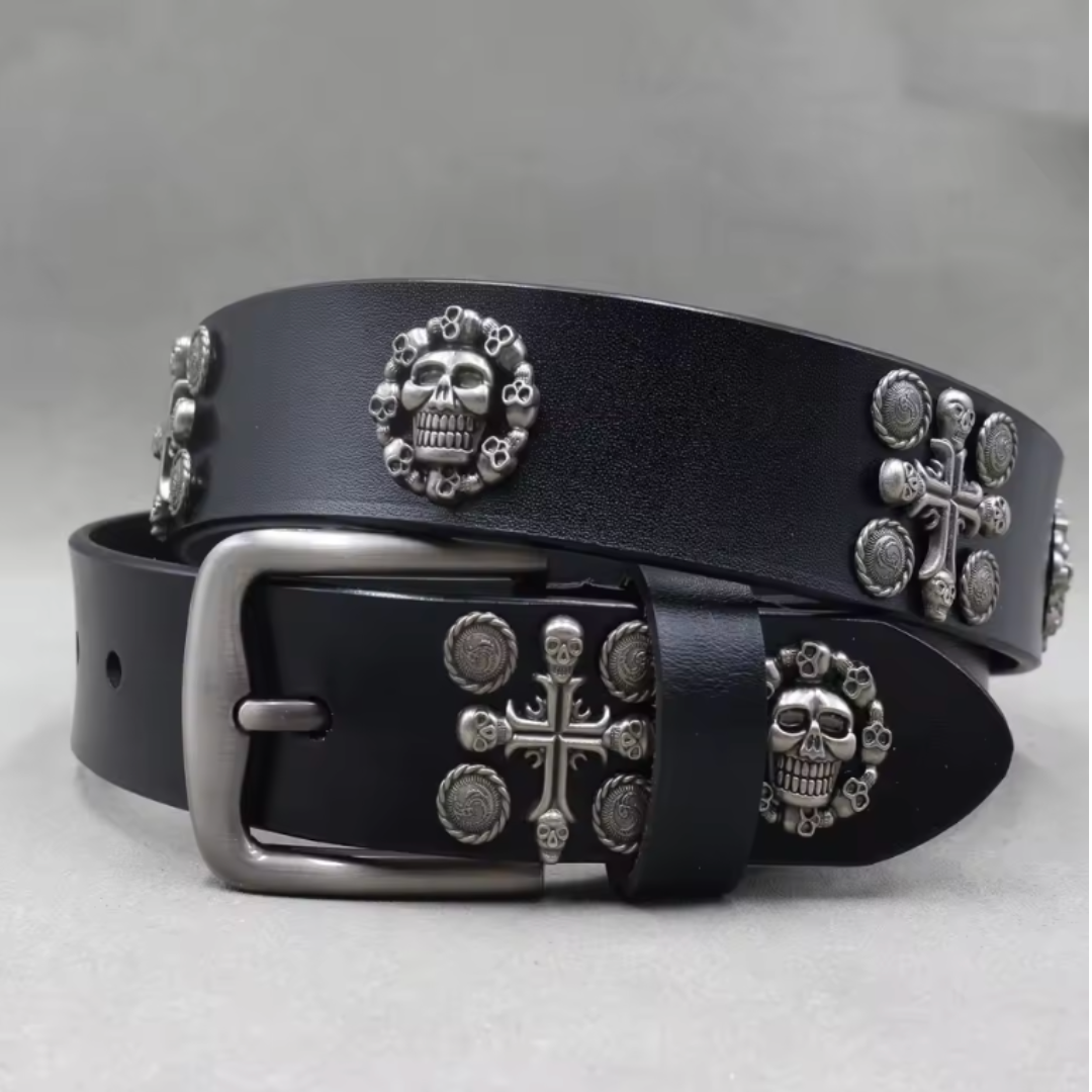 Men's Studded Leather Belt Adjustable Silver Skull Buckle Black