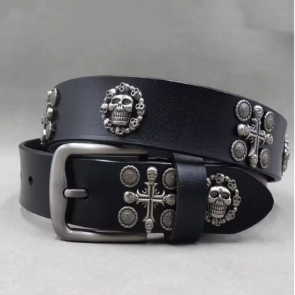 Men's Studded Leather Belt Adjustable Silver Skull Buckle Black