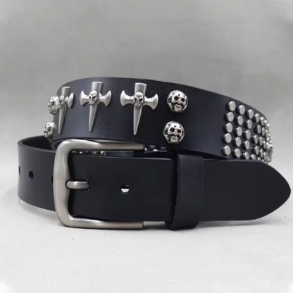 Men's Studded Leather Belt Adjustable Silver Skull Buckle Black