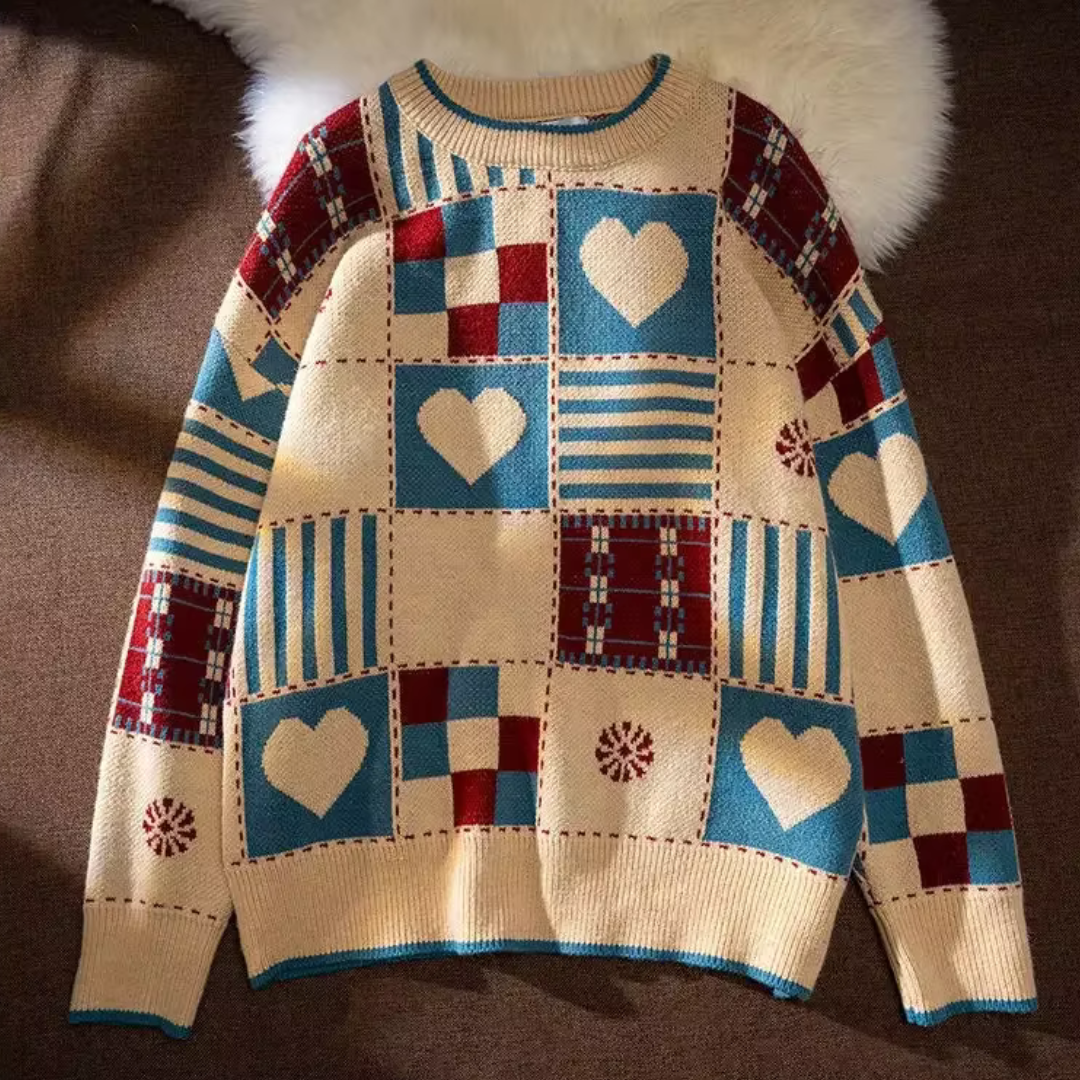 Womens Wool Pullover Sweater Geometric Knit Patchwork Cozy - OutfitLondon
