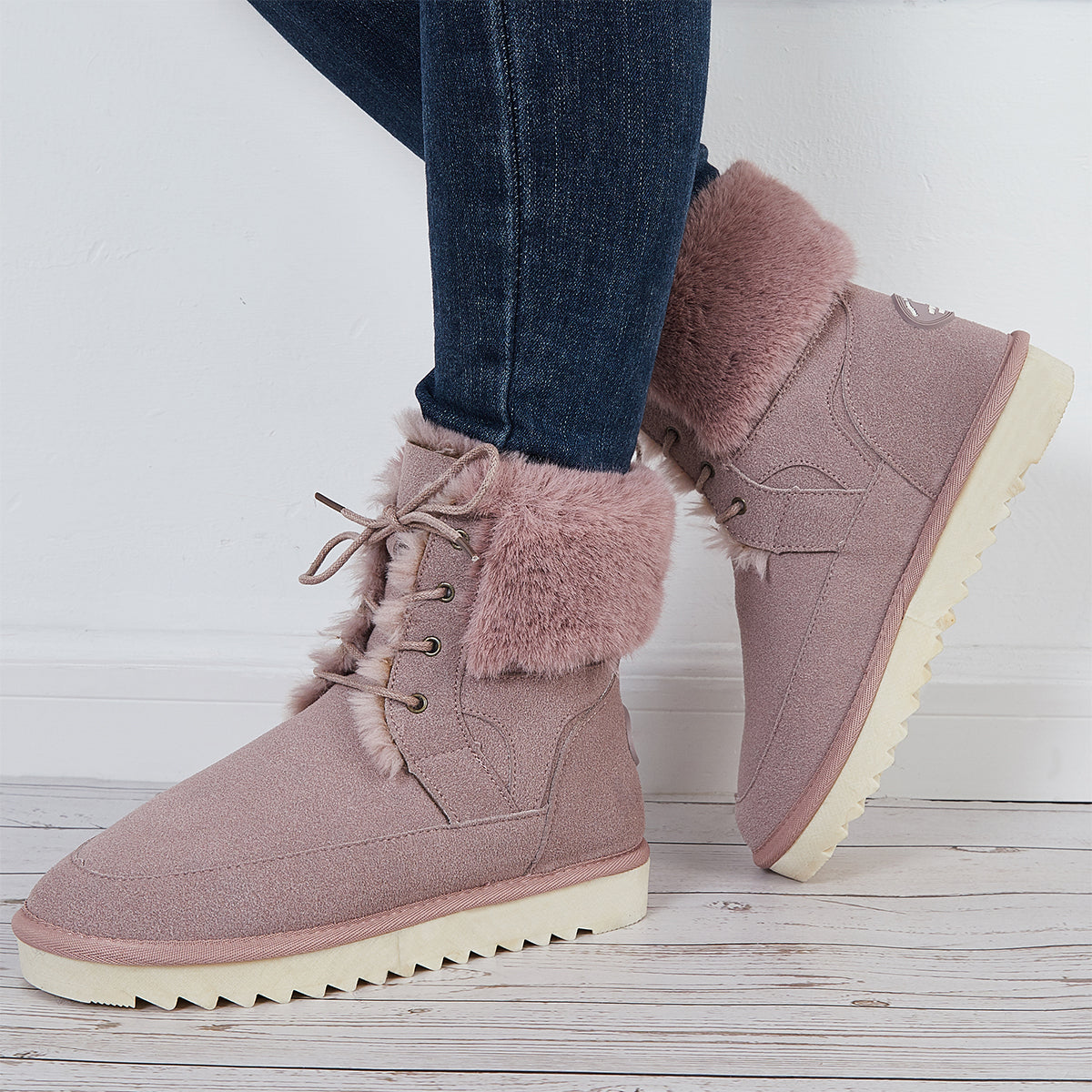 Warm Fur Lined Snow Boots Lace Up Chunky Low Heel Ankle Booties