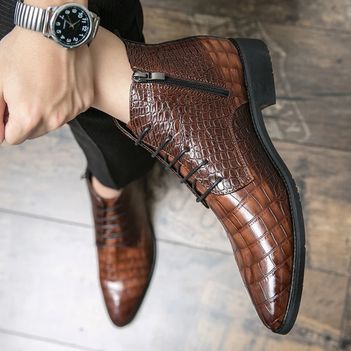 Men's Brown Leather Animal Print Ankle Boots