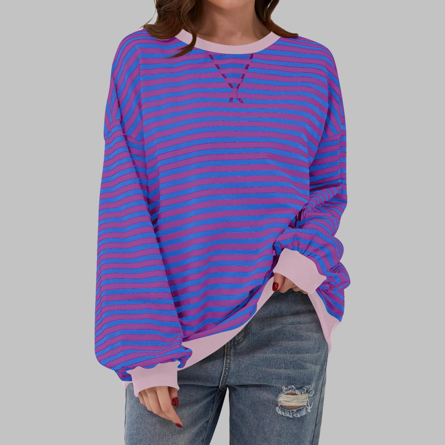 Relaxed Fit Striped Crew Neck Sweatshirt
