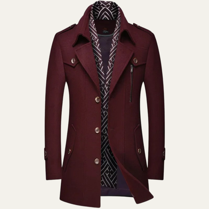 Classic Men's Wool Long Overcoat with Lapel Collar