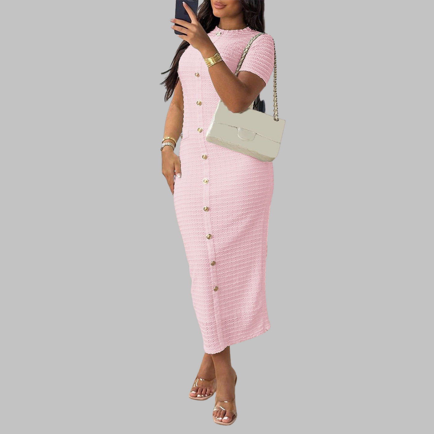 Classic Crew Neck Faux Button Dress