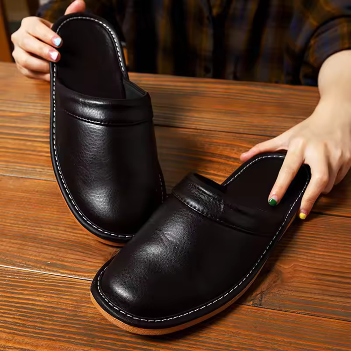 Luxury Mens Leather Slipper Mule Shoes