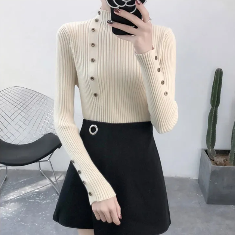 Soft Women's Crew Neck Knit Sweater with Buttons