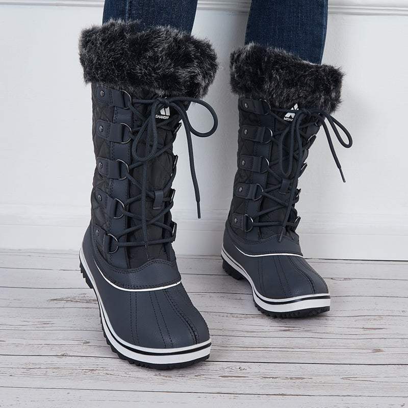Warm Snow Boots Faux Fur Lined Lace up Mid Calf Winter Duck Boots