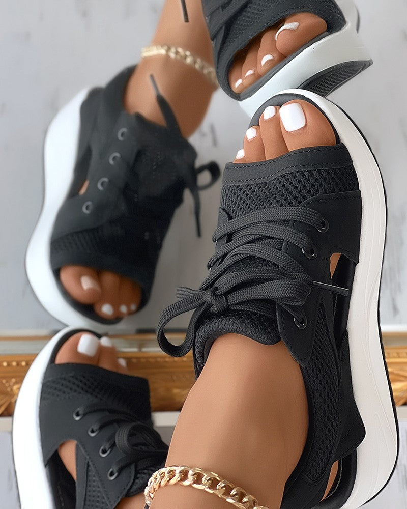 Contrast Paneled Cutout Lace-up Muffin Sandals