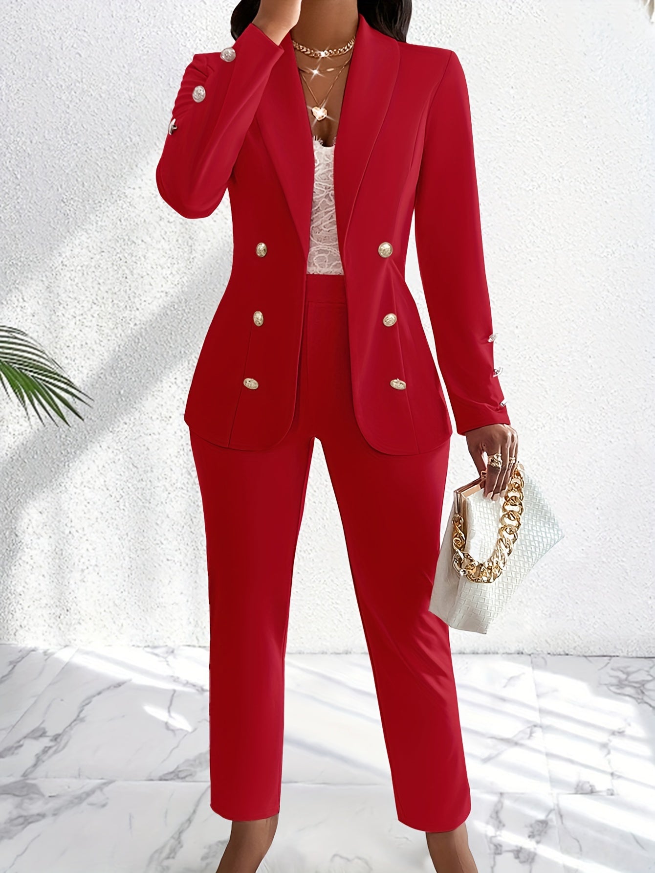 Elegant Ladies 2 Piece Gold Button Suit Set