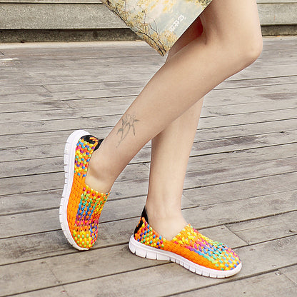 Women Casual Flats Loafers Fantasy Color Mesh Hand Woven Shoes