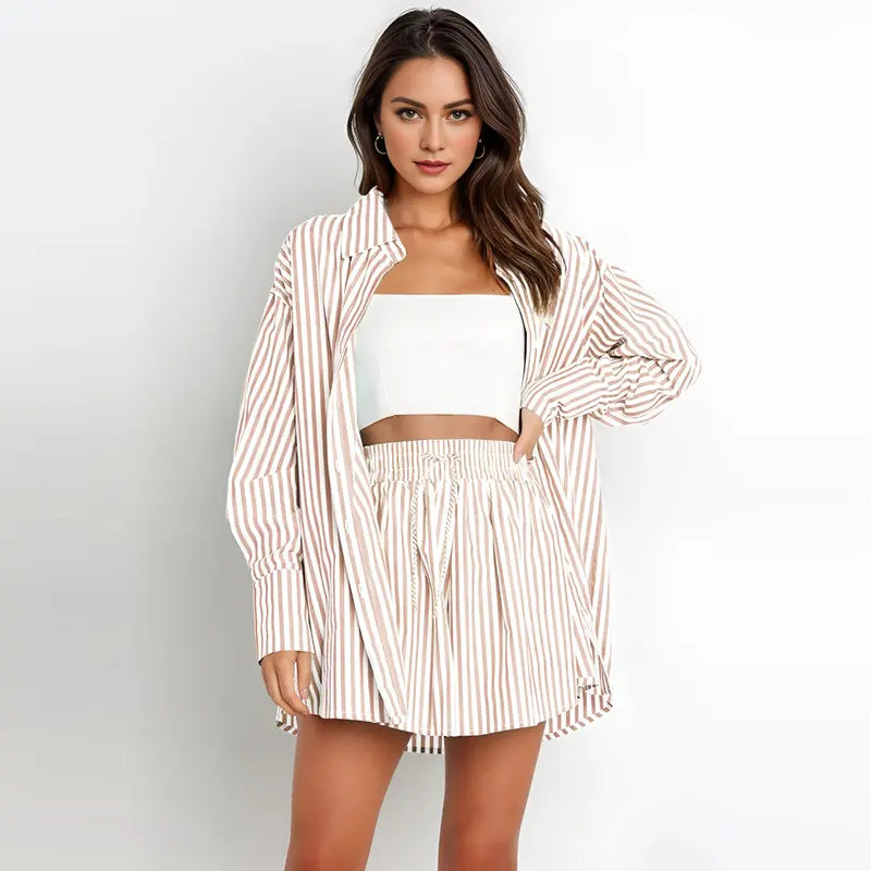 Casual Stripe Button Down Shirt and Shorts Set