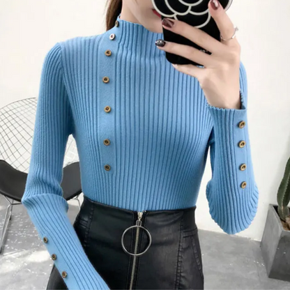 Soft Women's Crew Neck Knit Sweater with Buttons