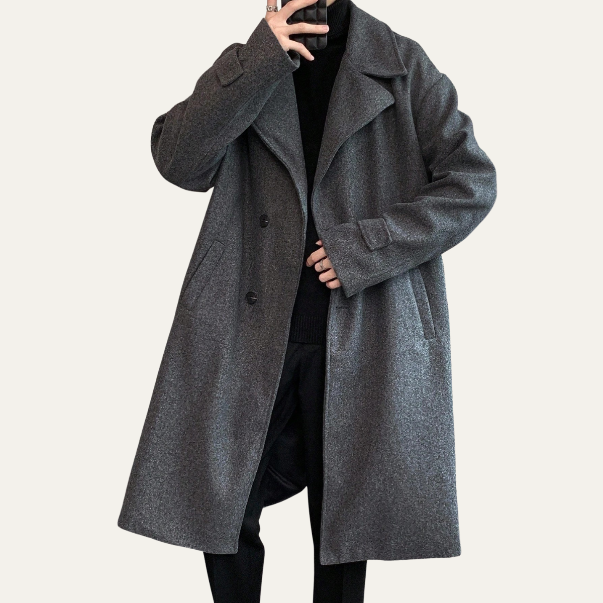 Classic Mens Wool Overcoat with Waist Belt