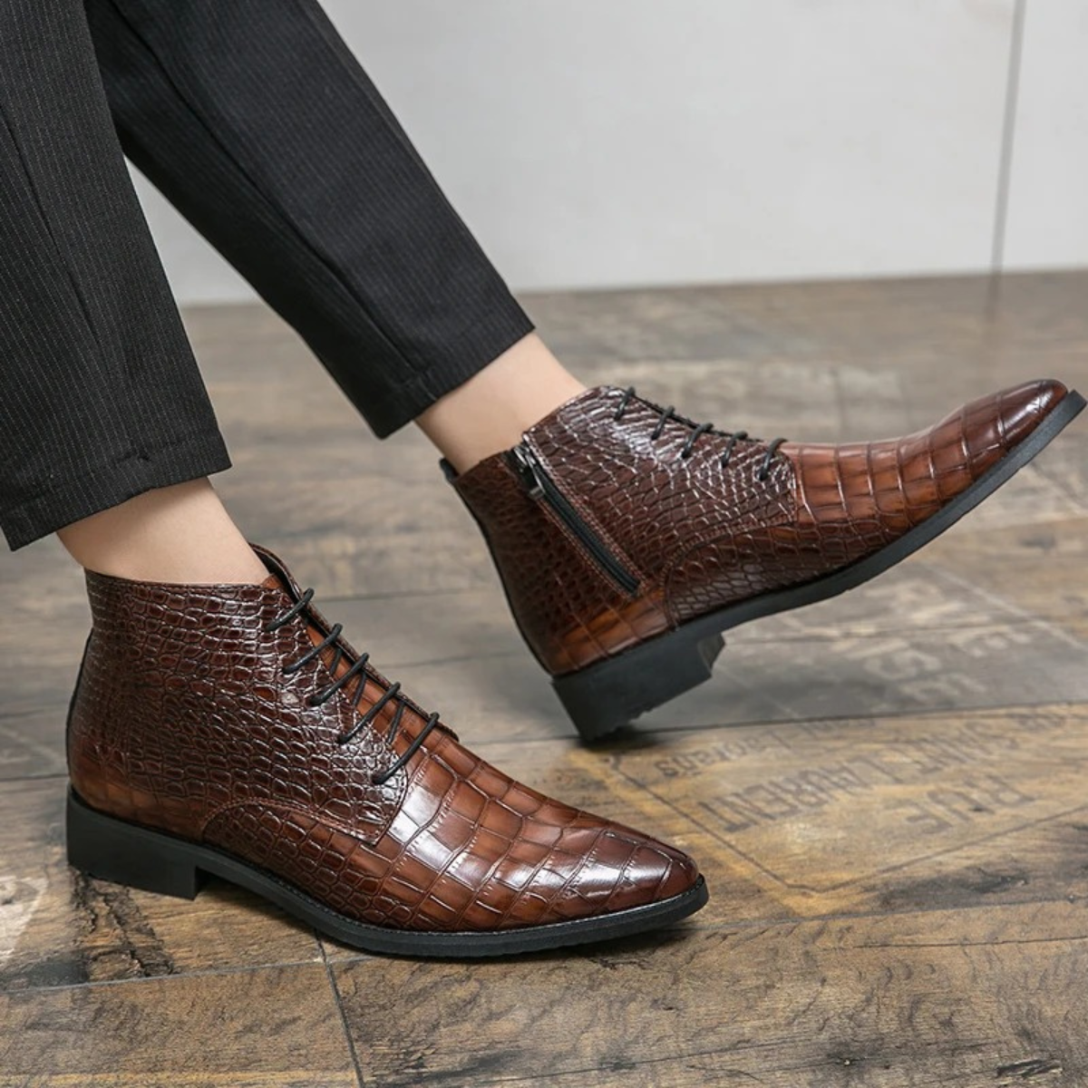 Men's Brown Leather Animal Print Ankle Boots