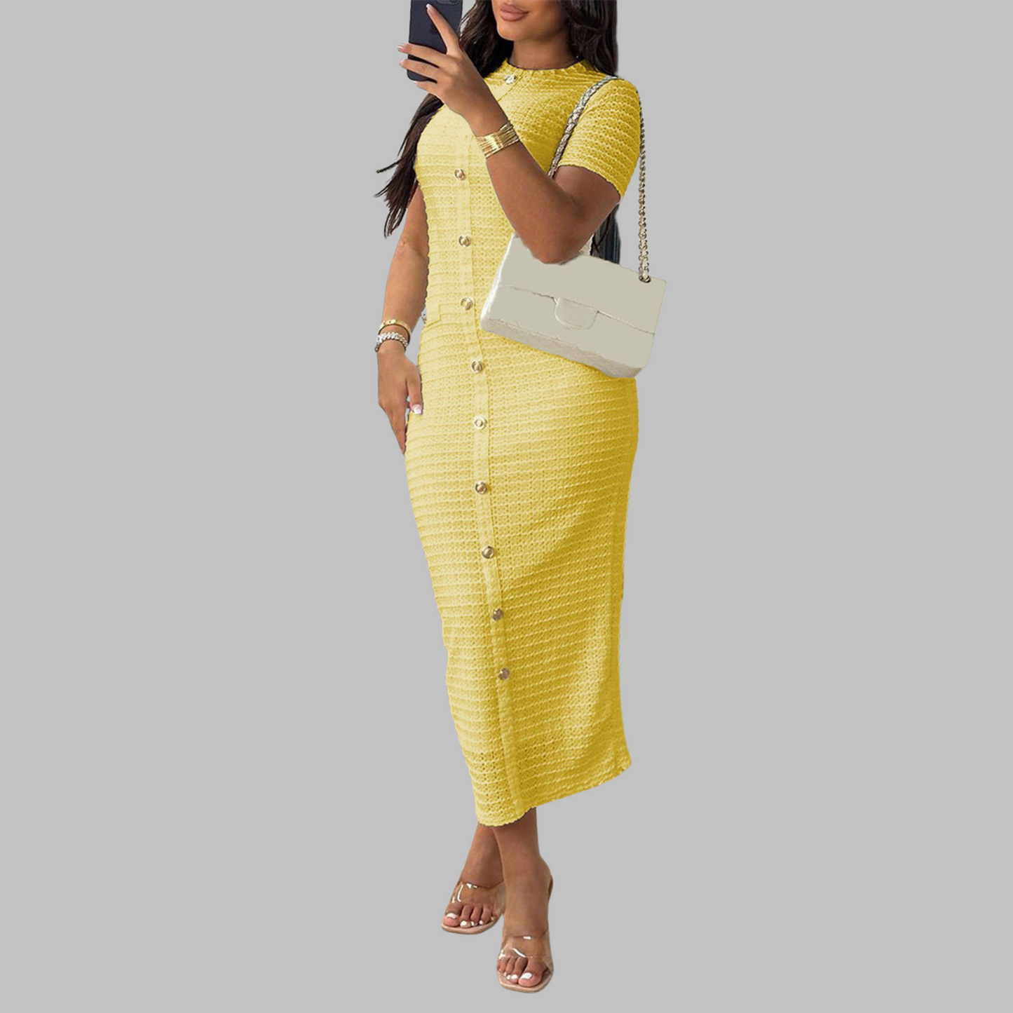 Classic Crew Neck Faux Button Dress