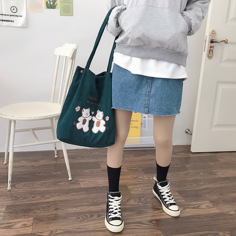 Women's Casual Corduroy Tote Bag with Embroidered Detail