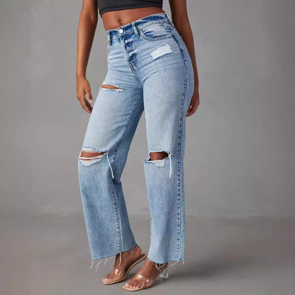 Women's Casual Blue Denim Straight Leg Ripped Jeans with Raw Hem