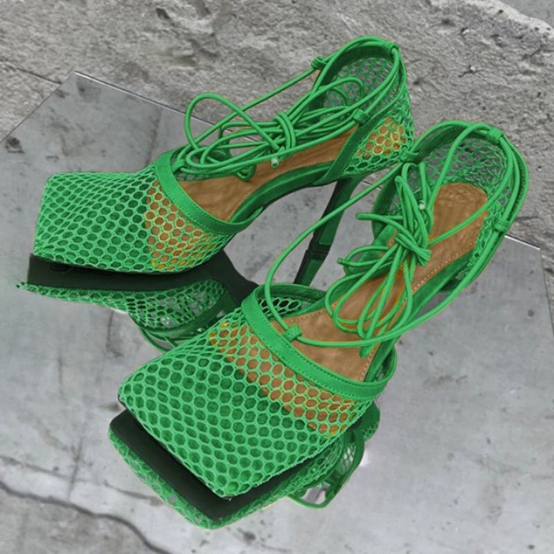 Square Toe Mesh High Heels Cross-tied Up Lace Sandals