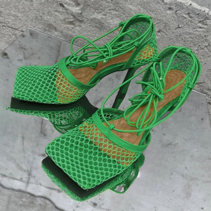 Square Toe Mesh High Heels Cross-tied Up Lace Sandals
