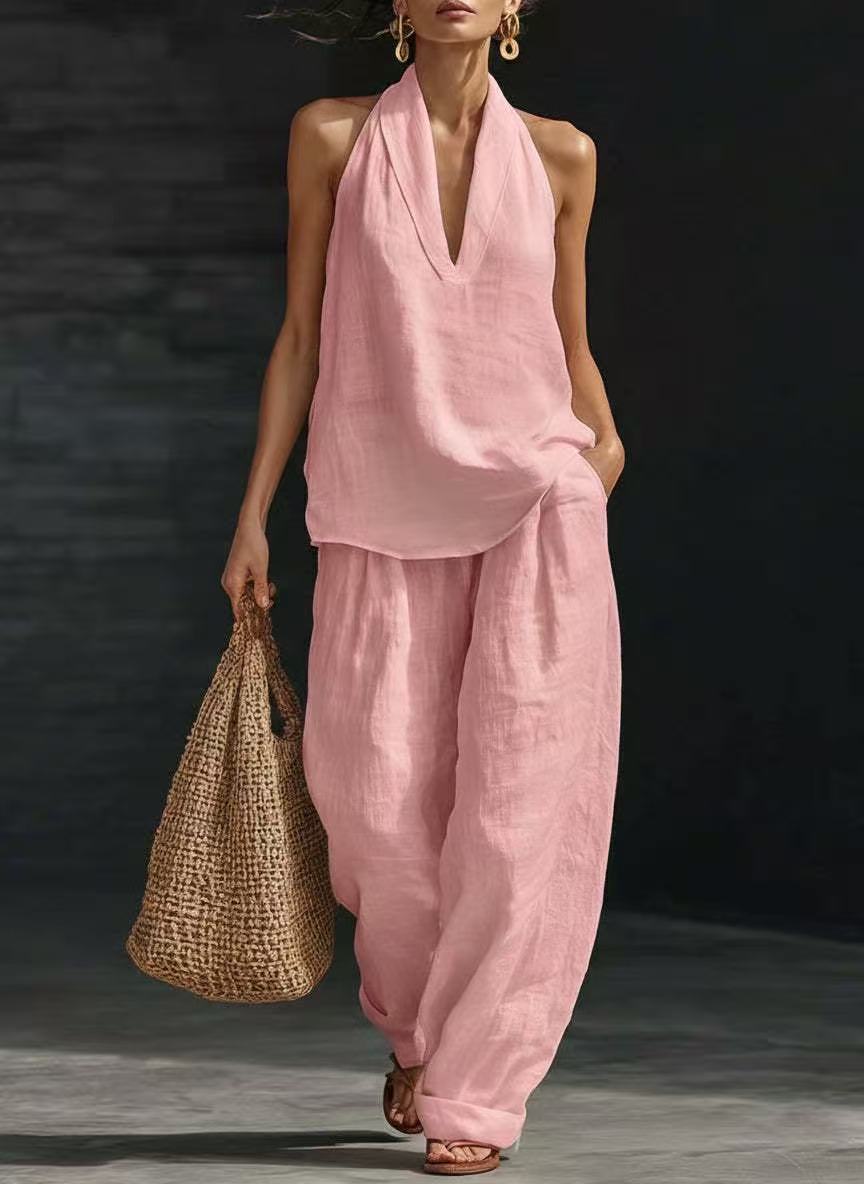 Women's Casual V-Neck Halter Cotton Top and Wide-Leg Pants Set