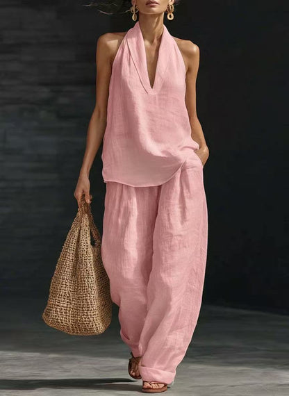 Women's Casual V-Neck Halter Cotton Top and Wide-Leg Pants Set
