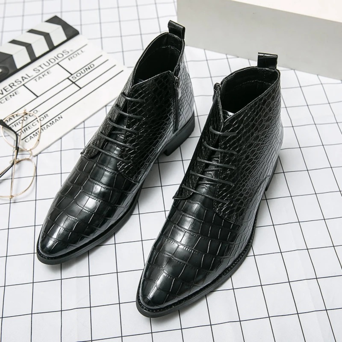 Men's Black Leather Alligator Print Ankle Boots