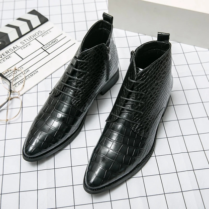 Men's Black Leather Alligator Print Ankle Boots
