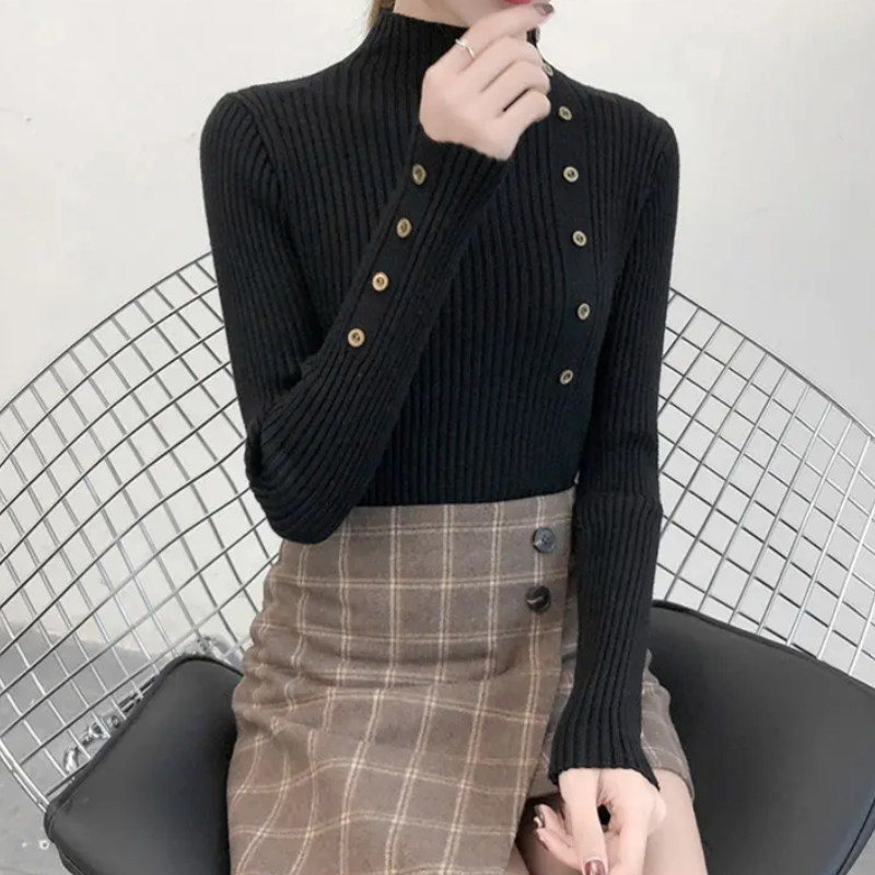 Soft Women's Crew Neck Knit Sweater with Buttons