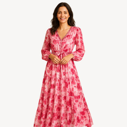 Ladies Pretty Floral Floor Length Dress - OutfitLondon