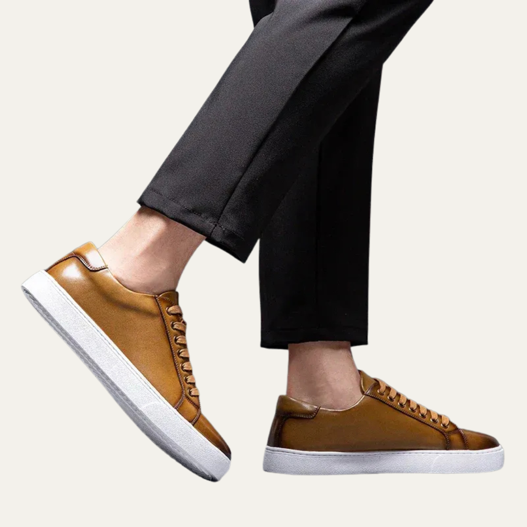 Classic Men's Low Top Leather Sneakers with Thick Sole