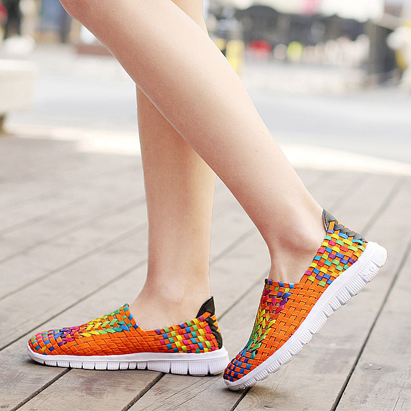 Women Casual Flats Loafers Fantasy Color Mesh Hand Woven Shoes