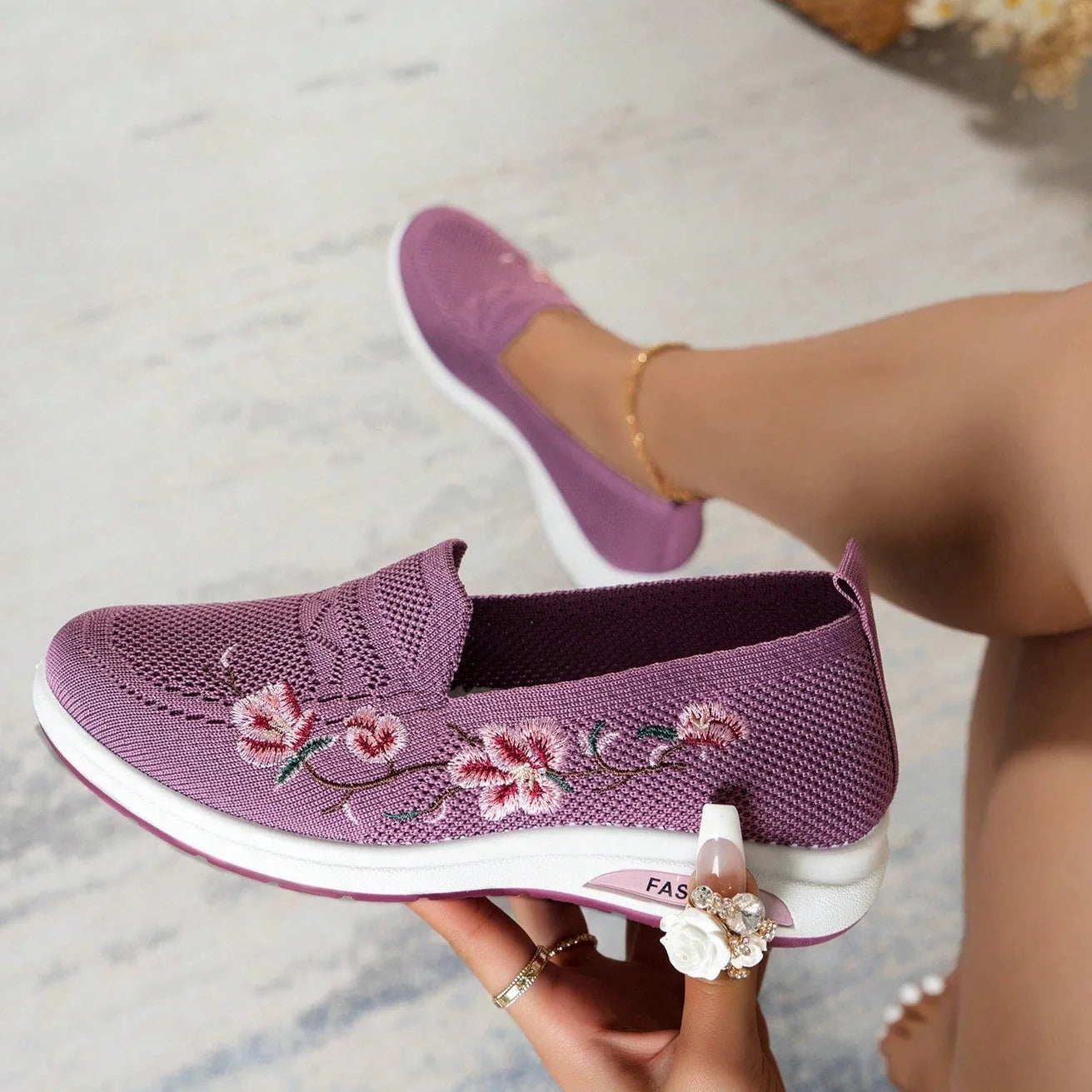 Sporty Sneakers For Women, Floral Embroidered Slip On Rocking Shoes