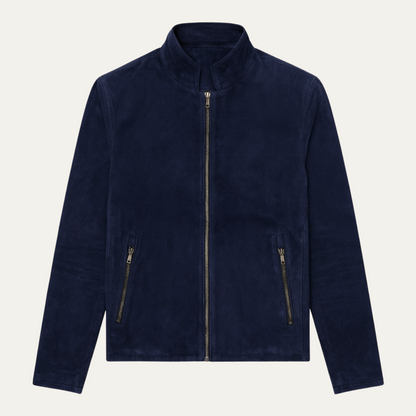 Men's Dark Blue Suede Bomber Jacket Slim Fit - OutfitLondon