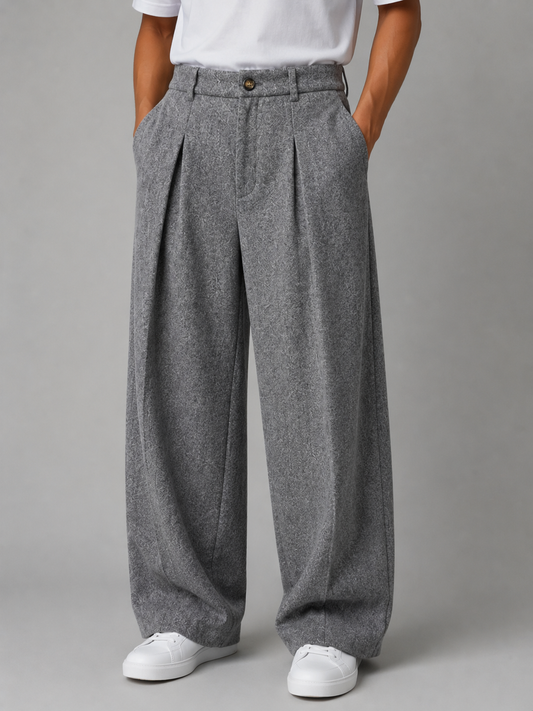 Men's Classic Pleated Wide Leg Trousers in Gray