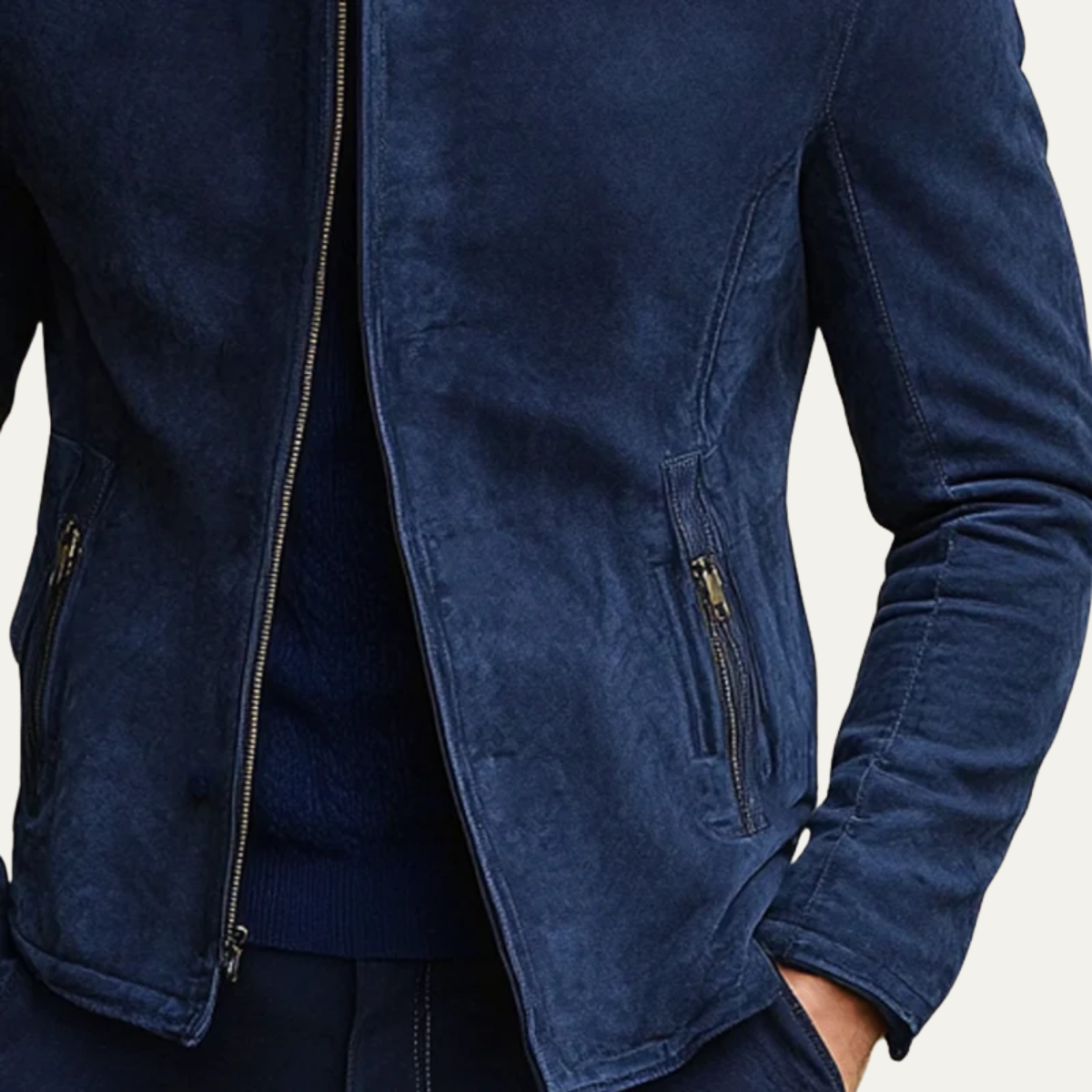 Men's Dark Blue Suede Bomber Jacket Slim Fit