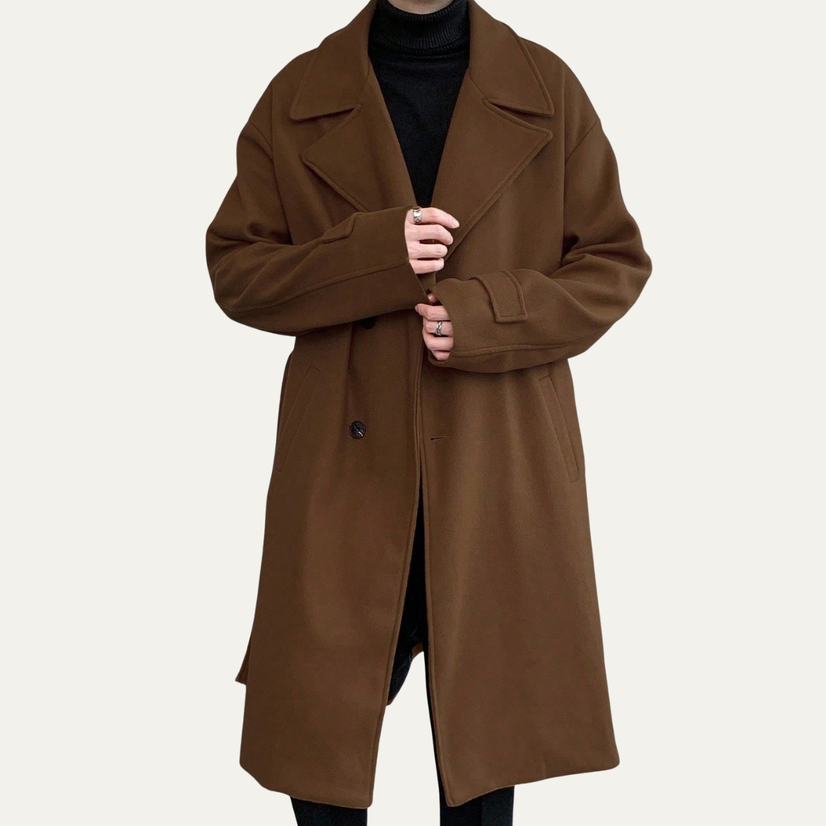 Classic Mens Wool Overcoat with Waist Belt
