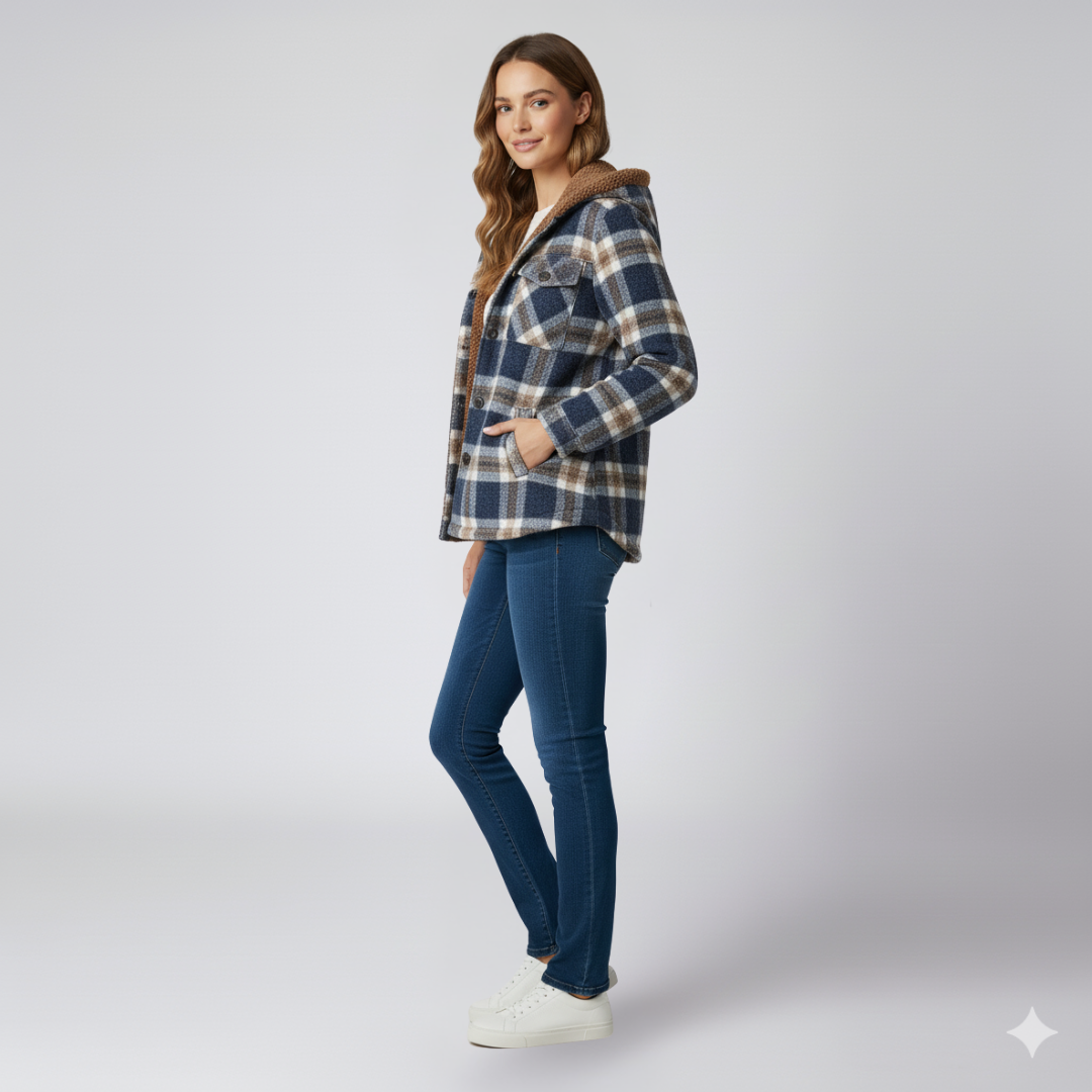 Warm Hooded Plaid Jacket for Women