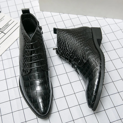Men's Black Leather Alligator Print Ankle Boots
