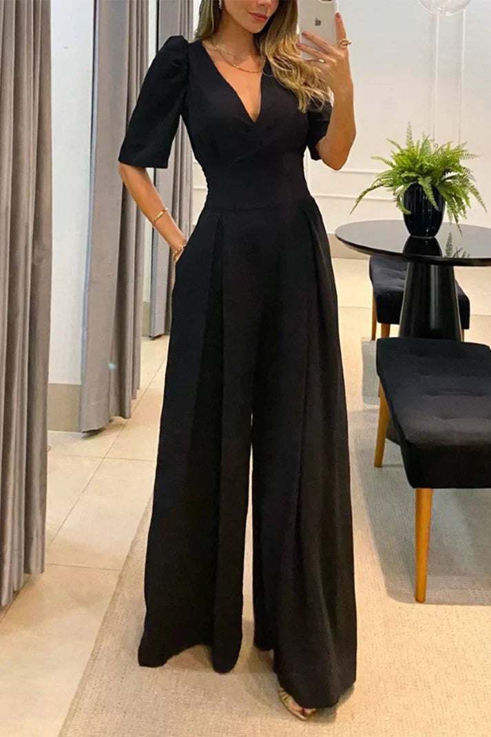 Women's Elegant Loose Fit V Neck Jumpsuit
