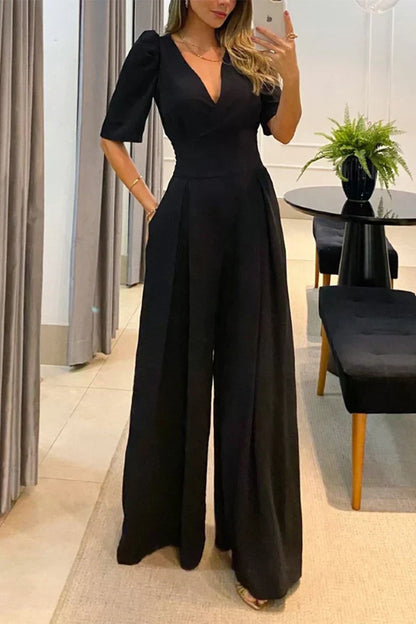Women's Elegant Loose Fit V Neck Jumpsuit