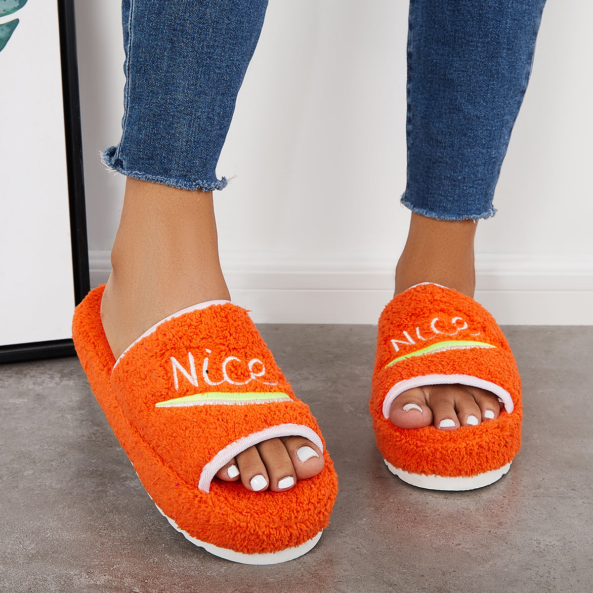 Warm Open Toe Flat Furry Slippers Cozy Slide Shoes