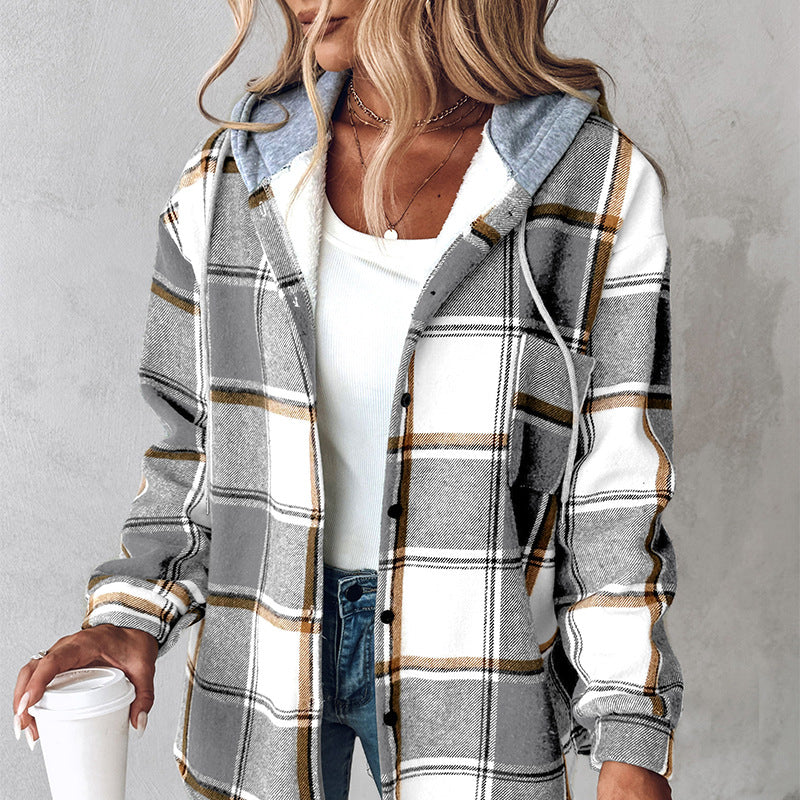 Women's Casual Plaid Hooded Jacket with Button Pockets