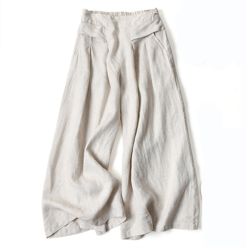 Relaxed Fit Beige Cotton Casual High Waist Trousers