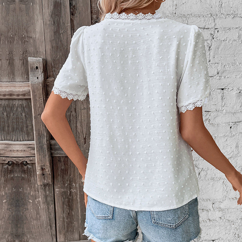Women's Elegant Lace V-Neck Short Sleeve Blouse